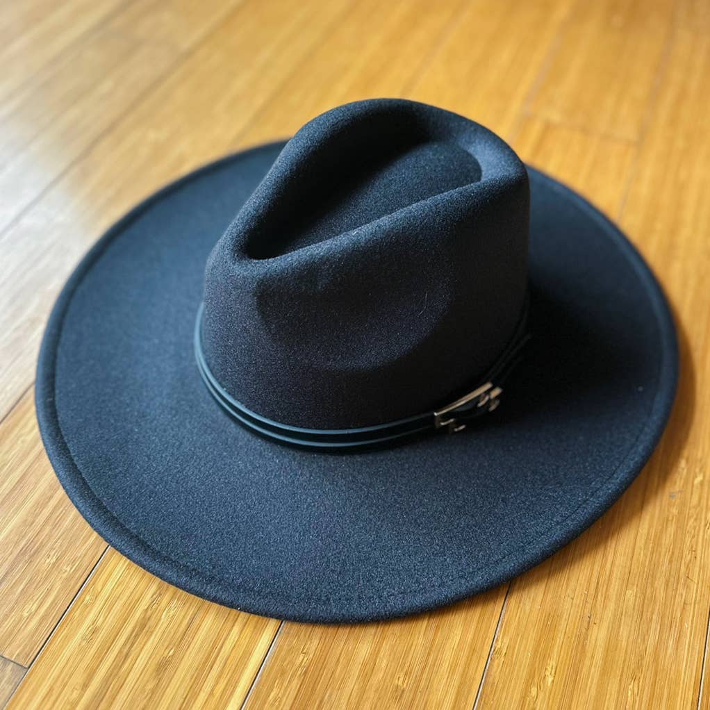 Black Fedora with Faux Leather Double Buckle Trim