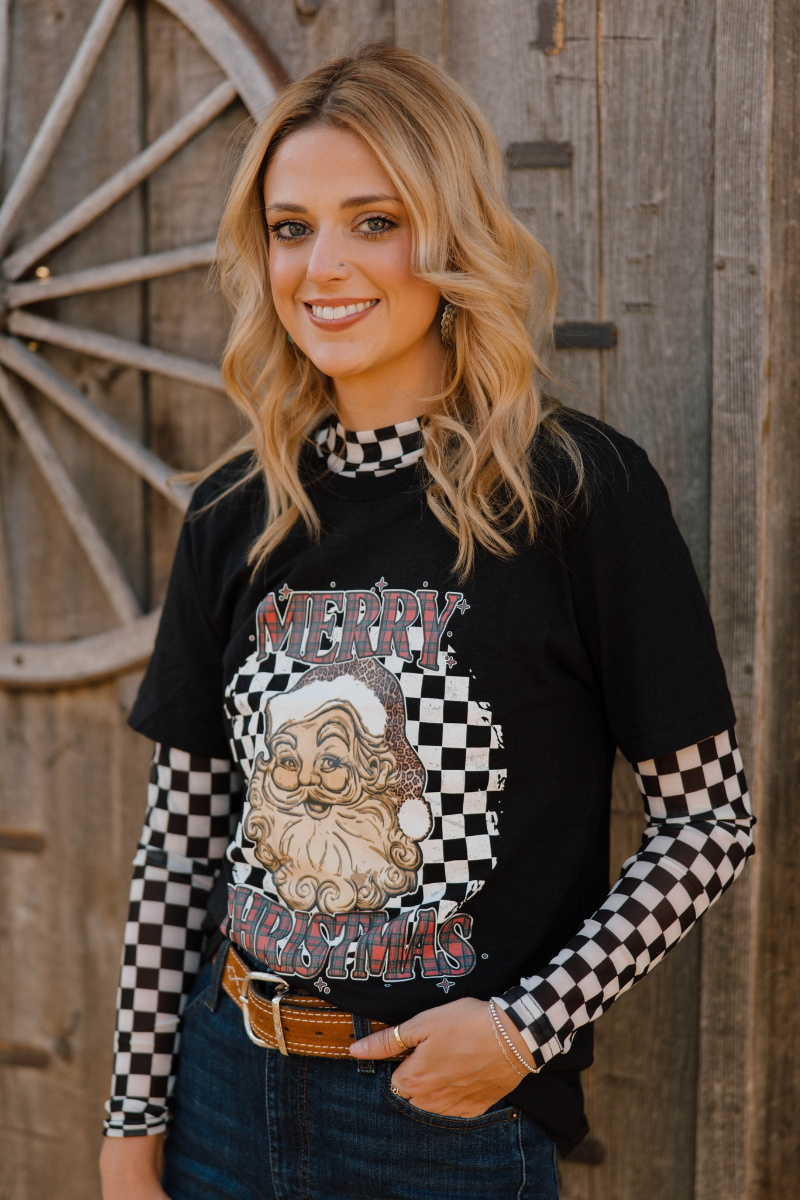 Checkered Long Sleeve Mesh Top