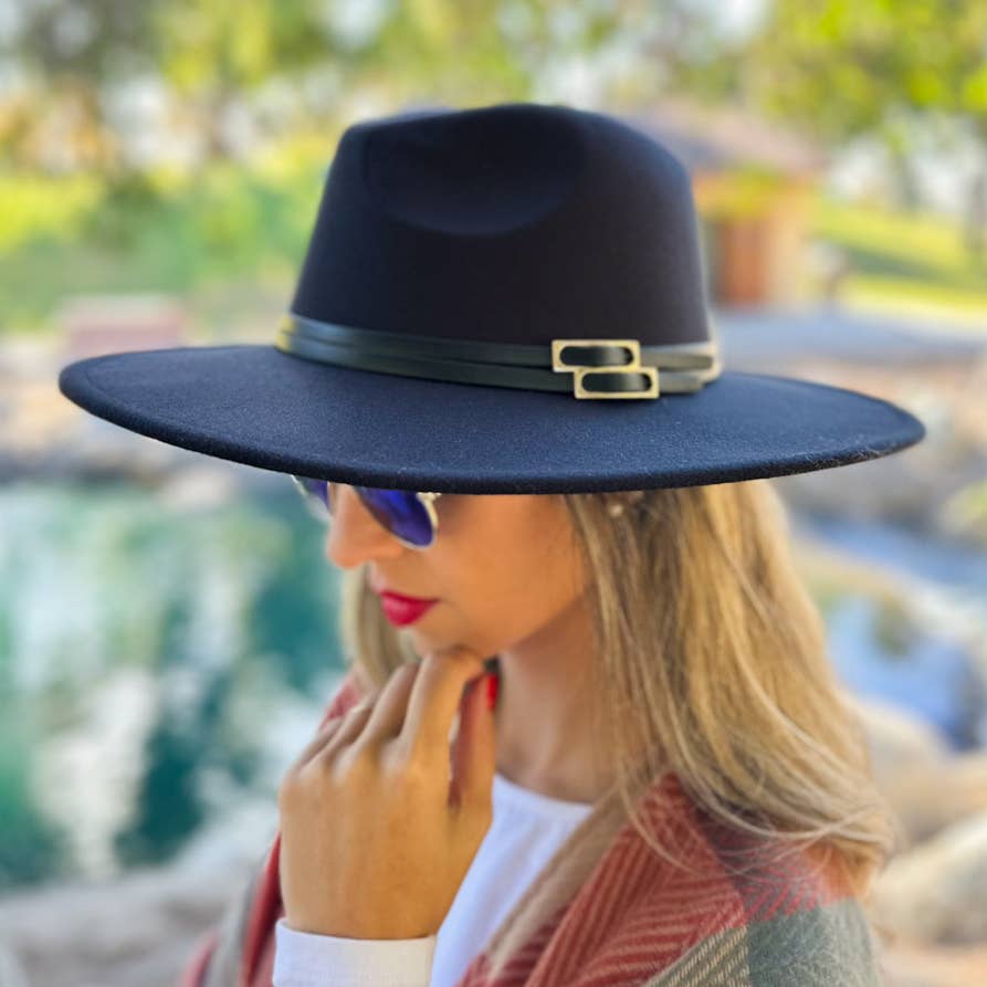 Black Fedora with Faux Leather Double Buckle Trim