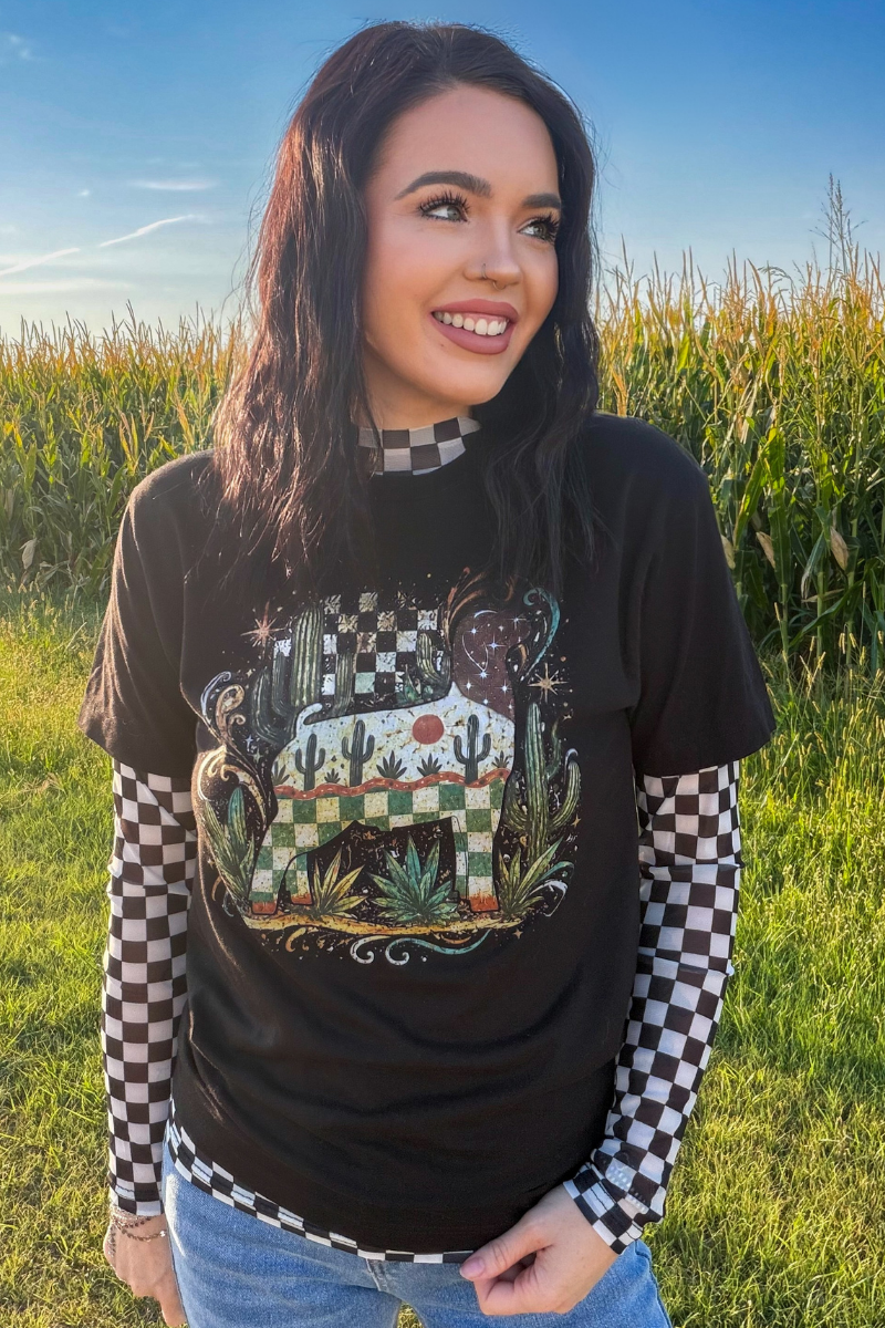 Checkered Long Sleeve Mesh Top