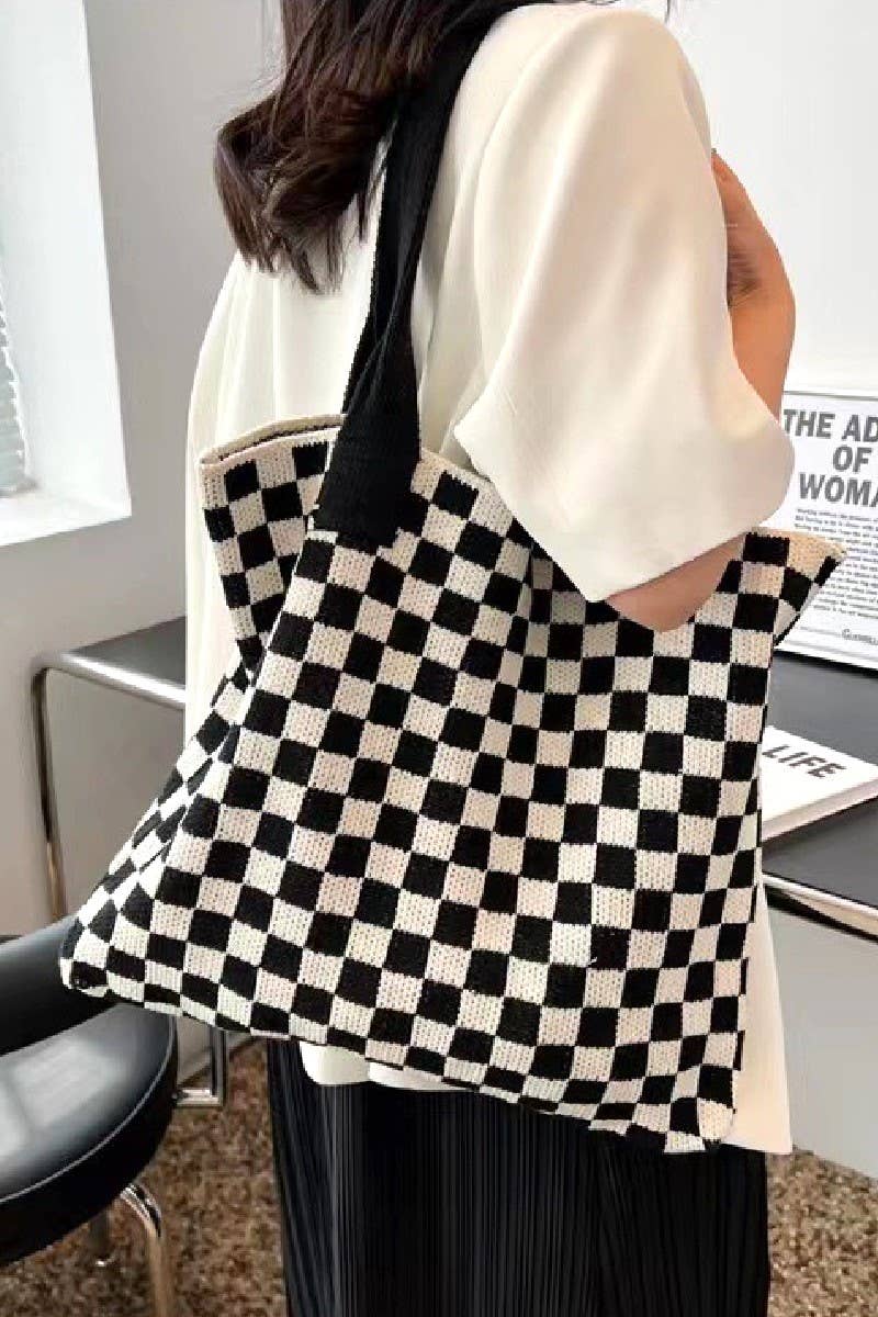 Checkered Crochet Knitted Canvas Bag