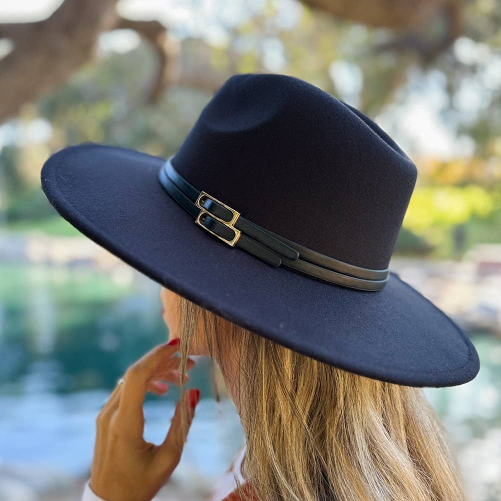 Black Fedora with Faux Leather Double Buckle Trim