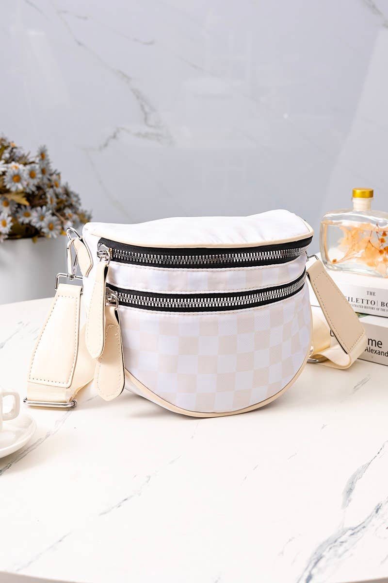 Crescent Sling Bum Bag - Beige Chekered
