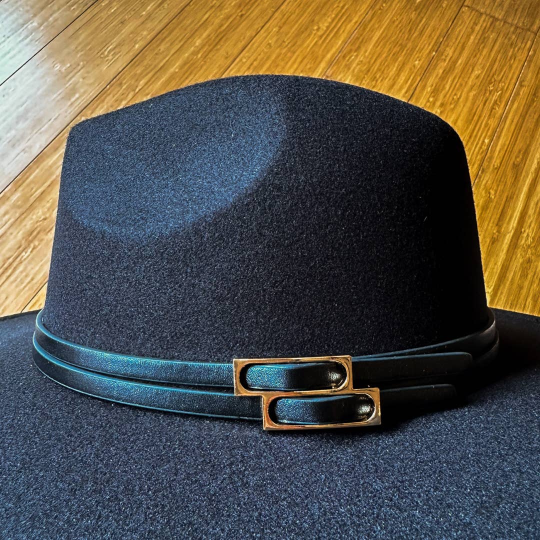 Black Fedora with Faux Leather Double Buckle Trim