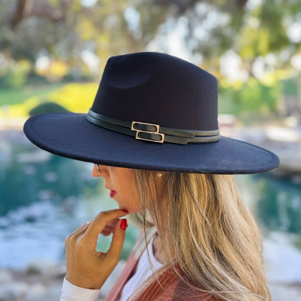 Black Fedora with Faux Leather Double Buckle Trim