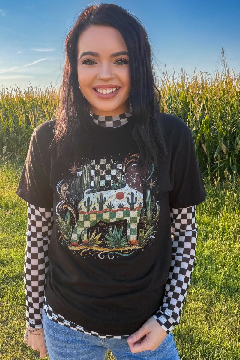 Checkered Long Sleeve Mesh Top
