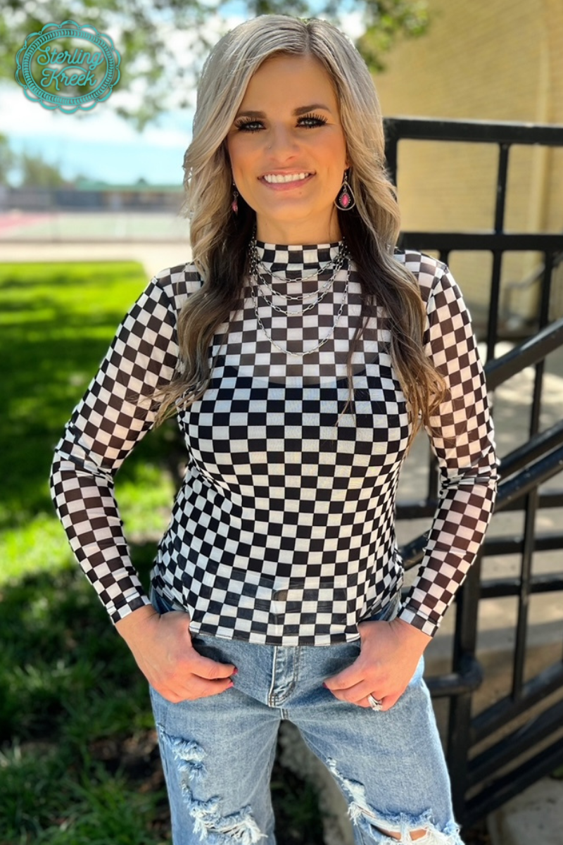 Checkered Long Sleeve Mesh Top