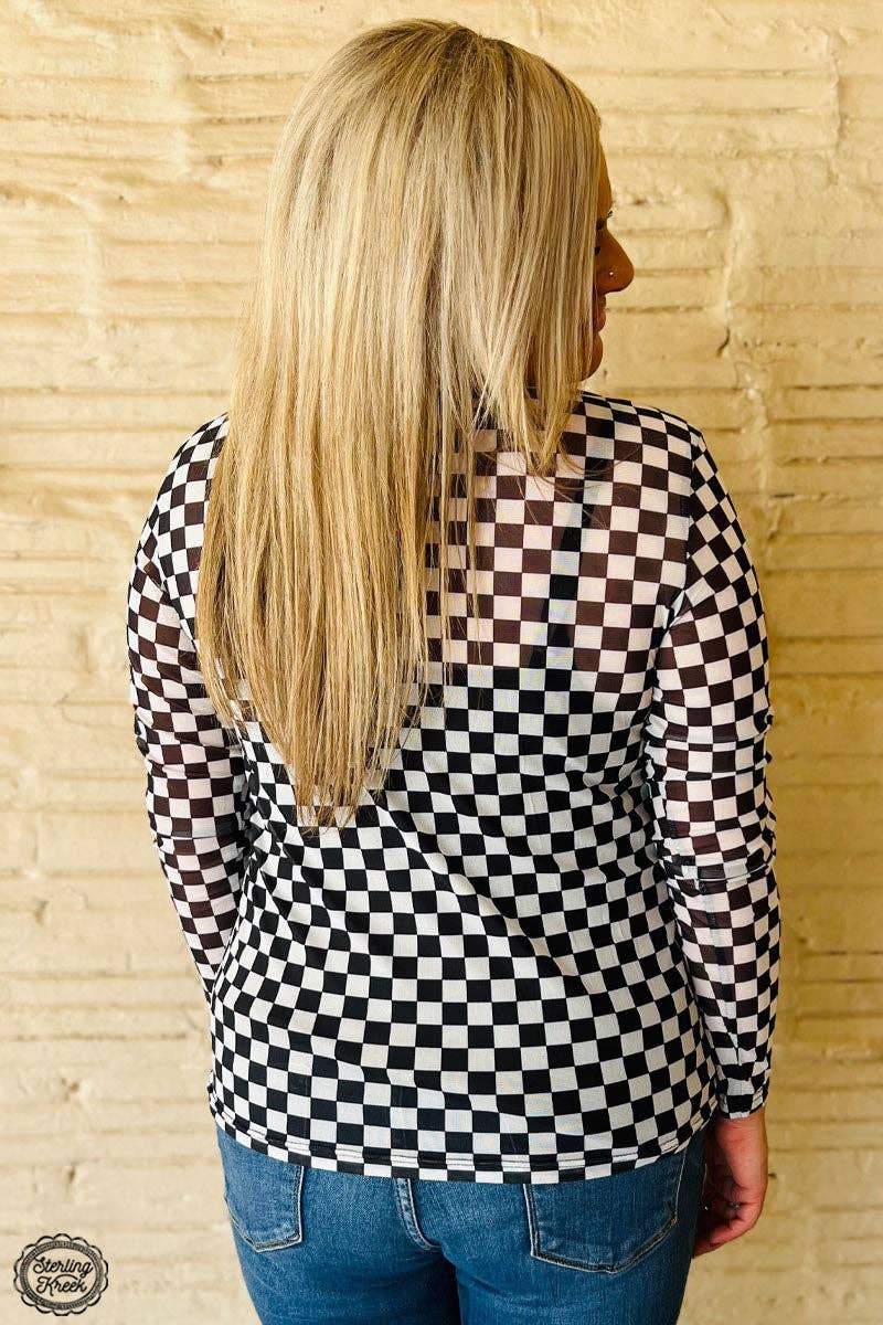 Checkered Long Sleeve Mesh Top