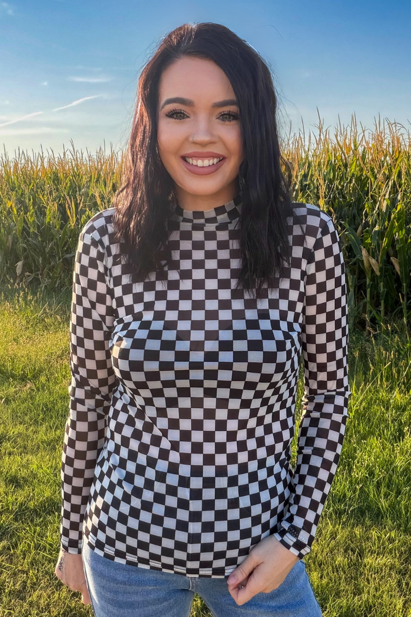Checkered Long Sleeve Mesh Top
