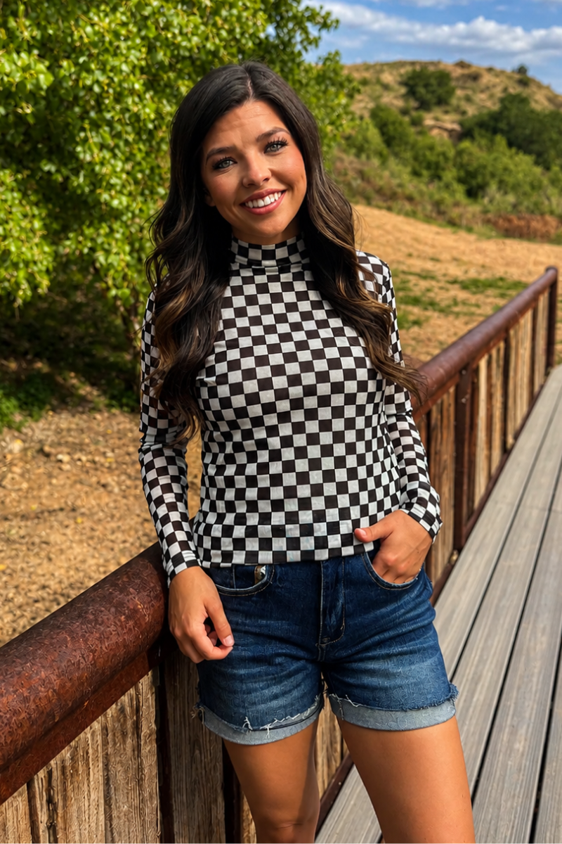 Checkered Long Sleeve Mesh Top