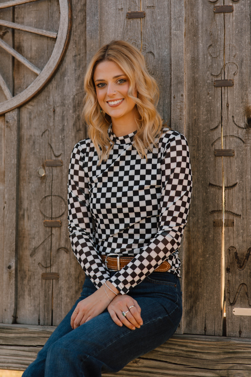Checkered Long Sleeve Mesh Top