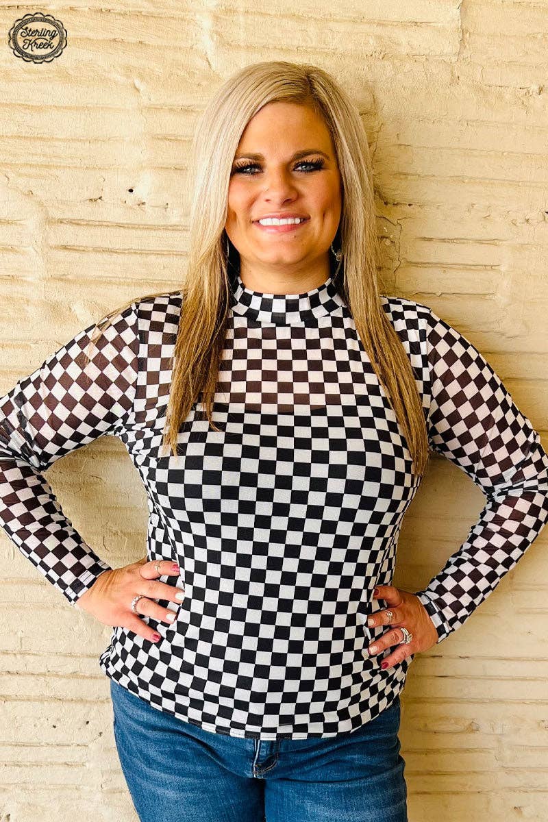 Checkered Long Sleeve Mesh Top