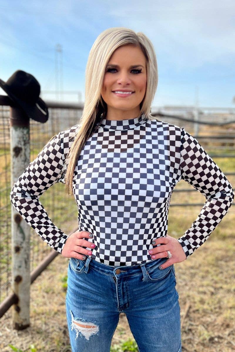 Checkered Long Sleeve Mesh Top