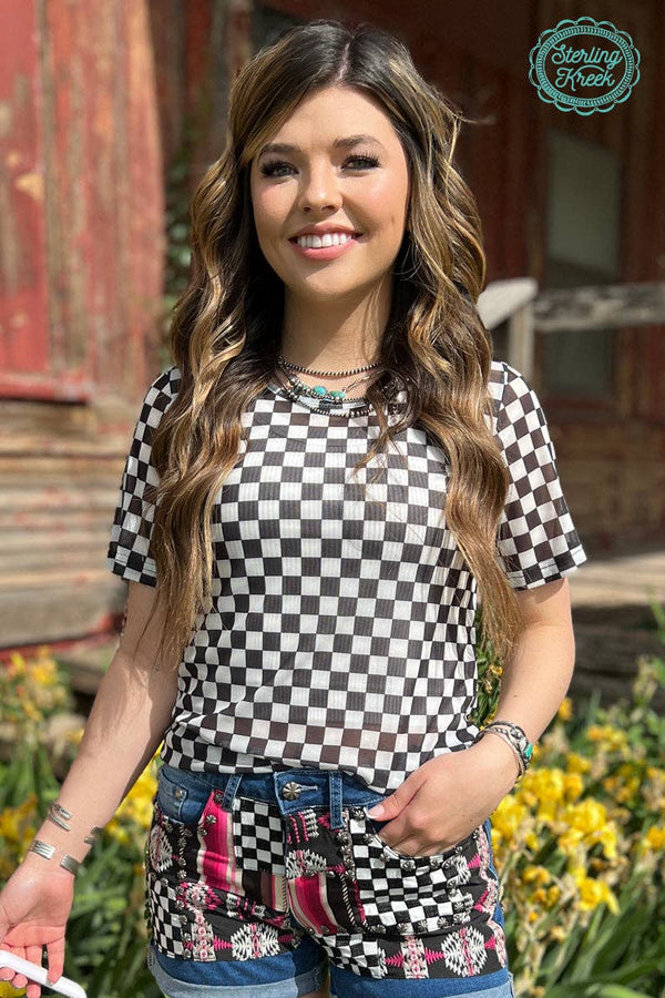 Checkered Short Sleeve Mesh Top